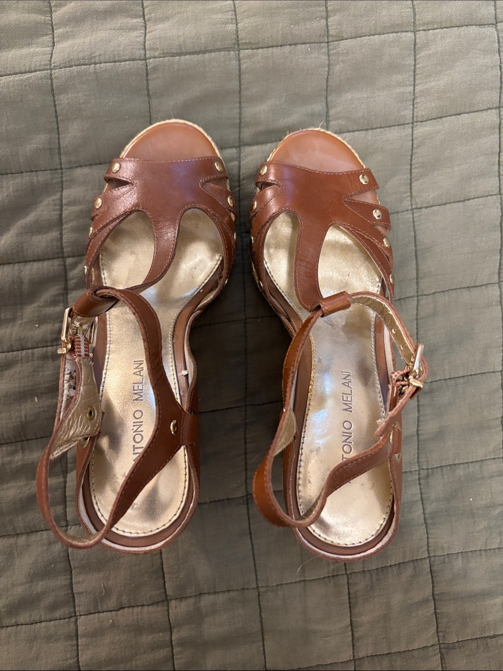 ANTONIO MELANI Brown Leather T-Strap Wedge Sandals with Gold Studs. Size 8 1/2.
